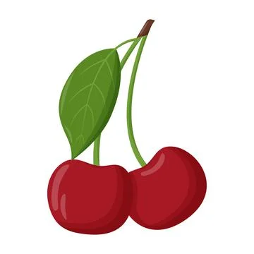 Whole red cherry with green leaf isolated on white background. Flat vector Illustrazione stock