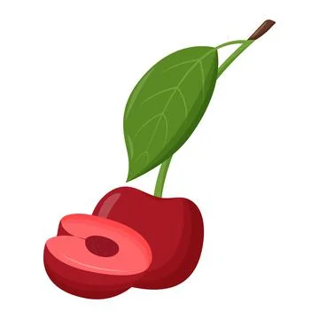 Whole red cherry with green leaf isolated on white background. Flat vector Illustrazione stock