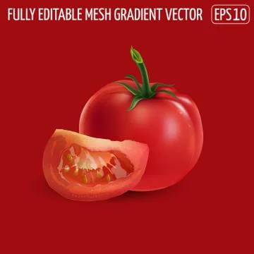 Whole red tomato with a slice on a red background. Stock Illustration