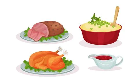 Whole Roasted Chicken and Mashed Potato Served on Plate as Traditional Christmas Stock Illustration
