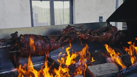 Whole Roasted Lamb Turning on Spit Over Open Fire.mov Stock Footage 340355767