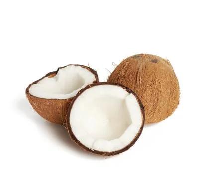 Whole round and split in half ripe coconut isolated on white background Stockfoto's