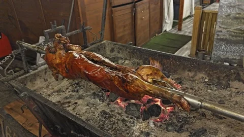 Whole Suckling Pig on Spit Over Charcoal Fire Stock Footage 325965032