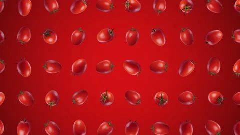 Whole tomatos spin and float arranged in a grid - on red background 動画素材 137999293