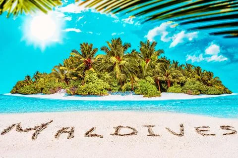 Whole tropical island within atoll in tropical Ocean and inscription "Maldive Stock Photos