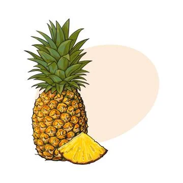 Whole, unpeeled, uncut, vertical pineapple and wedge formed slice Illustrazione stock
