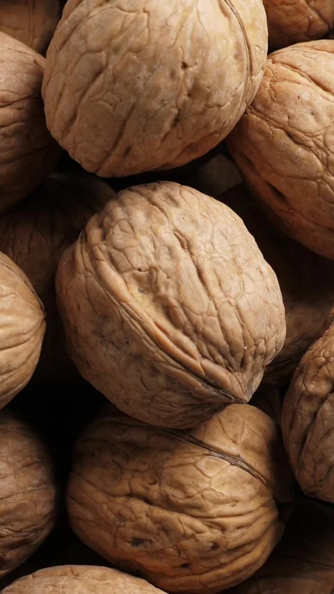 Whole Walnut closeup. Rotating nuts background. Vertical footage Stock Footage 327094261