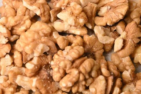 Whole Walnut Kernels Macro Texture Healthy Superfood Background Foto stock