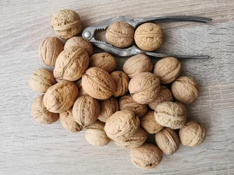Whole walnuts and nutcracker Stock Photos