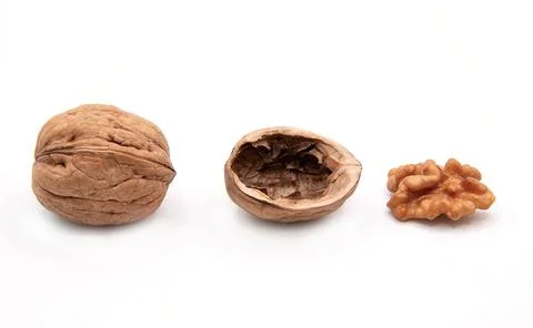 Whole walnuts, kernels and shells Stock Photos