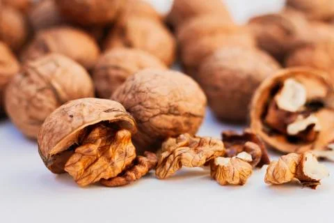Whole walnuts kernels on white background Stock Photos
