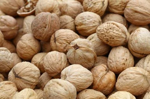 Whole walnuts in nutshells close up Stock Photos