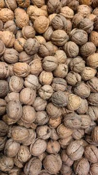 Whole walnuts in shell natural texture background. Stock Photos