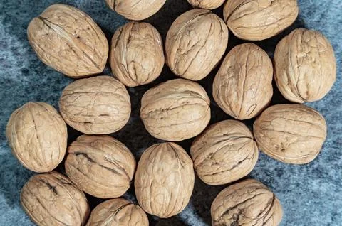 Whole walnuts in shells on blue background. Fresh organic nuts. Top overhea.. Foto stock