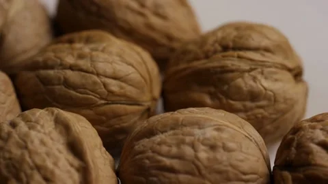 Whole walnuts in shells rotating on a white surface Stock Footage 328084135