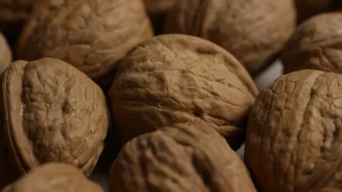 Whole walnuts with textured brown shells panning view detail Stock Footage 327829755