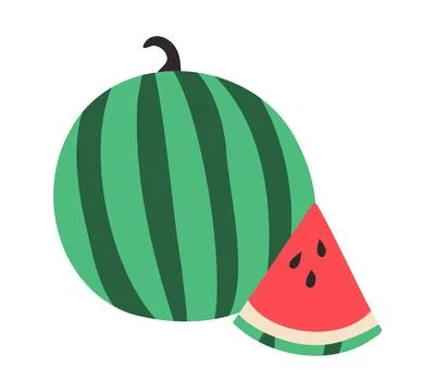 Whole Watermelon and triangular piece. Art of summer red striped fruit with Stock Illustration
