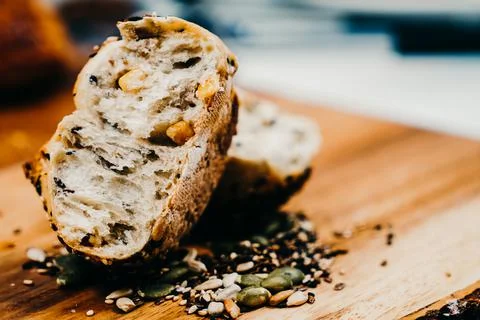 Whole wheat Bread with nuts, Artesian Bakery, Breakfast, marble overlaY  Stock Photos