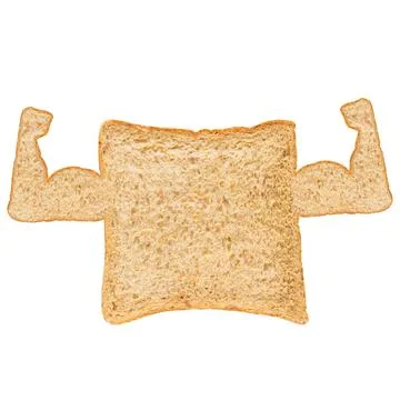 Whole wheat bread slice with strong bicep muscle arms on white background Stock Photos