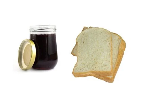 Whole wheat bread stack with grape jam on isolated white background. Stock Photos
