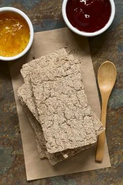 Wholemeal Rye Crispbread with Jam Stock Photos