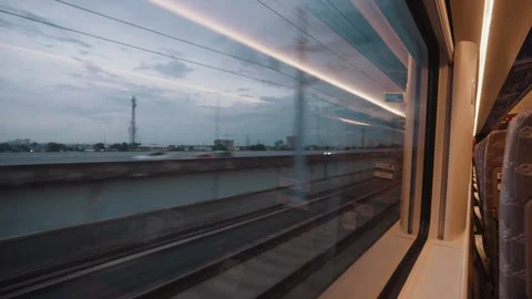 Whoosh High Speed Train Interior and Window View Indonesia Modern Railway Travel Stock Footage 332034875