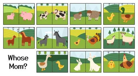 Whose Mom educational game for kids. Mother and baby matching activity Stock Illustration