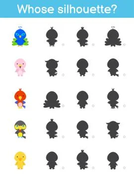 Whose silhouette game template. Matching game for children with cute cartoon  Illustrazione stock