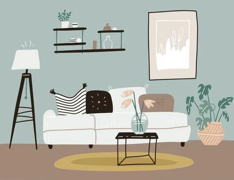 Whte sofa with a coffee table and rack with a floor lamp in Scandinavian style Stock Illustration
