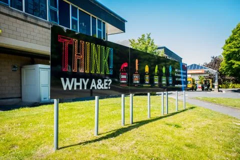 Why A and E sign outside Lancaster Hospital UK Stock Photos