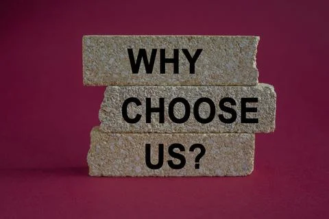 Why choose us symbol. Concept word Why choose us on beautiful brick blocks. Foto stock