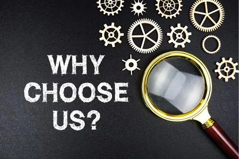 Why Choose Us? text message with magnifying glass on black background Stock Photos