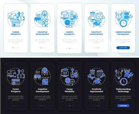 Why to learn to code night and day mode onboarding mobile app screen Illustrazione stock