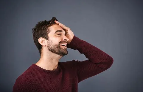 Why, thinking and man with ideas, decision and problem solving on grey studio Foto stock