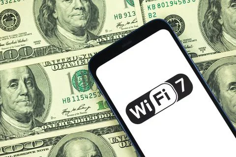 Wi-Fi 7 generation background, icon close-up. Smartphone supporting new Wi-Fi Stock Photos