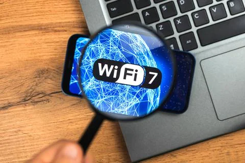 Wi-Fi 7 generation background, icon close-up. Smartphone supporting new Wi-Fi Stock Photos