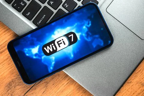 Wi-Fi 7 generation background, icon close-up. Smartphone supporting new Wi-Fi Stock Photos