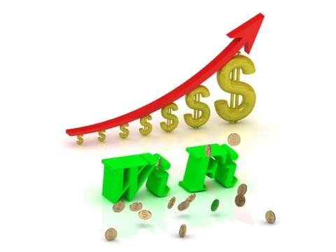 Wi Fi- bright color letters and graphic growing dollars and red arrow on a wh Stock Illustration