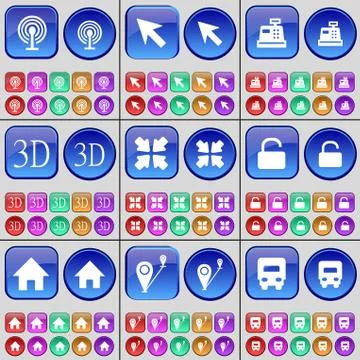 Wi-Fi, Cursor, 3D, Deploying screen, Lock, House, Checkpoint, Truck. A large set Stock Illustration