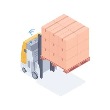Wi-fi forklift lifting boxes isometric vector illustration Stock Illustration