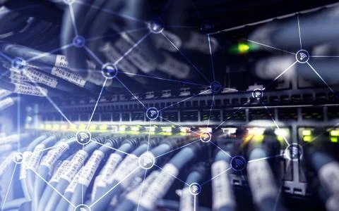 Wi fi network abstract structure on modern server room background. Stock Illustration