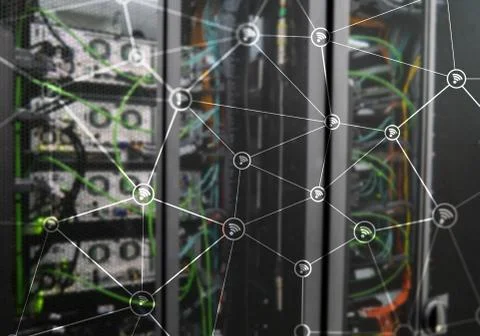 Wi fi network abstract structure on modern server room background. Illustrazione stock