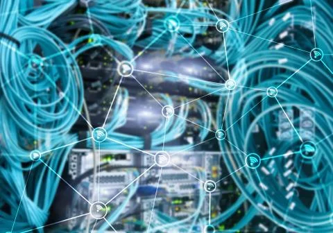Wi fi network abstract structure on modern server room background. Stock-Illustration