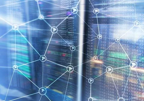 Wi fi network abstract structure on modern server room background. Stock Illustration