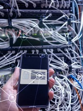 Wi fi network abstract structure on modern server room background. 写真素材