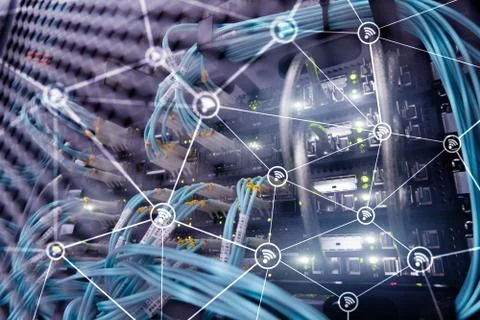 Wi fi network abstract structure on modern server room background. Foto stock