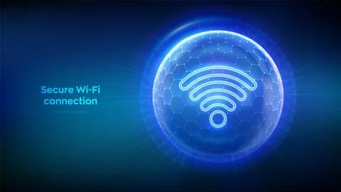 Wi-Fi network icon inside transparent protection sphere shield with hexagon.. Stock Illustration