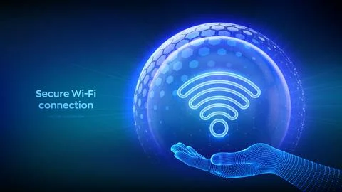 Wi-Fi network icon inside transparent protection sphere shield with hexagon p Illustrazione stock