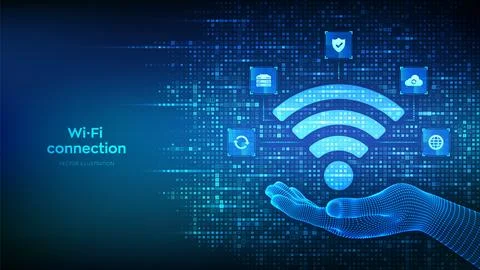 Wi-Fi network icon. Wi Fi sign made with binary code in hand. Wlan access, .. Stock Illustration