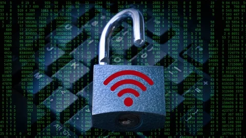 Wi-Fi network security hacking concept on dark green binary code background. Stock Footage 187199960